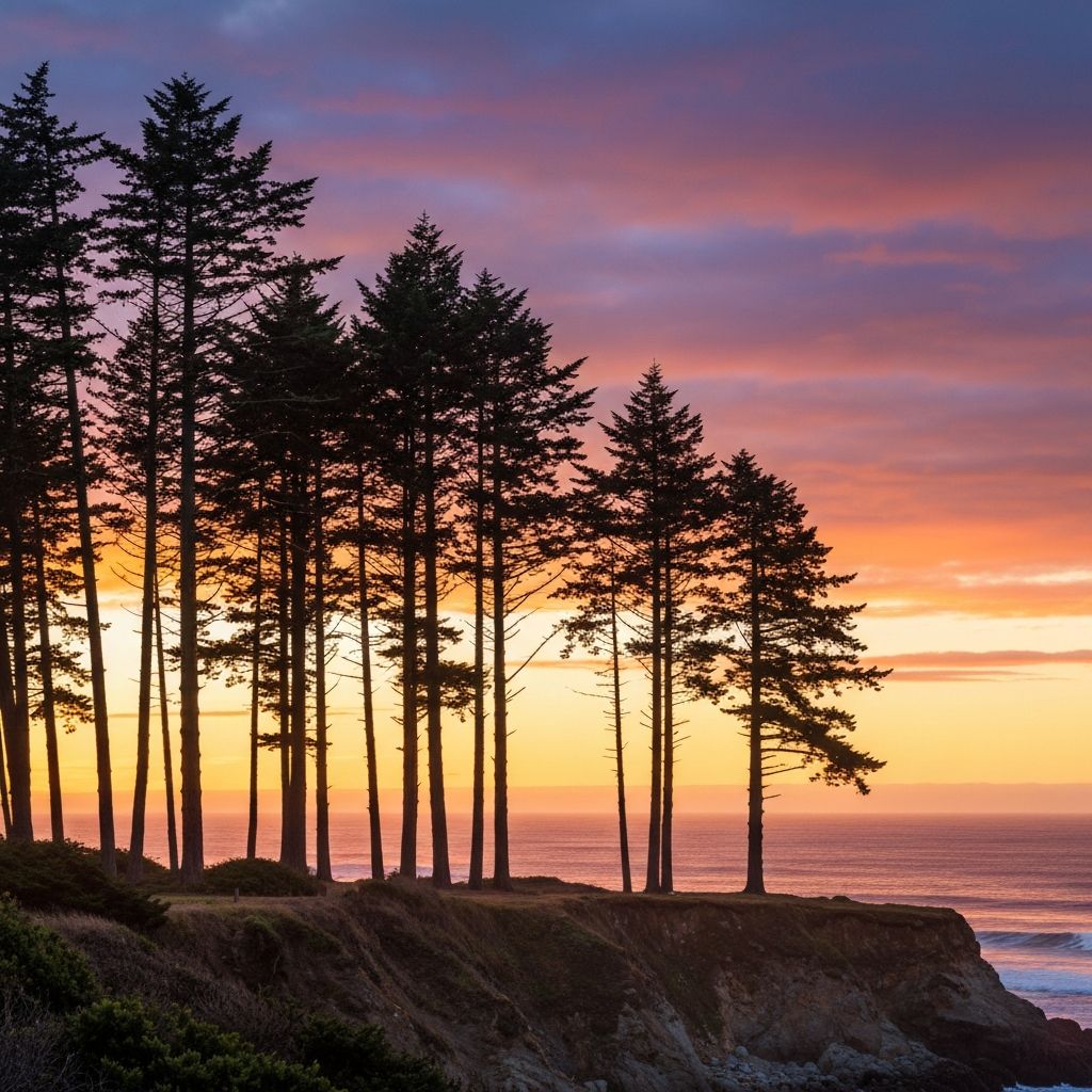 Coastal pine trees along the ocean
