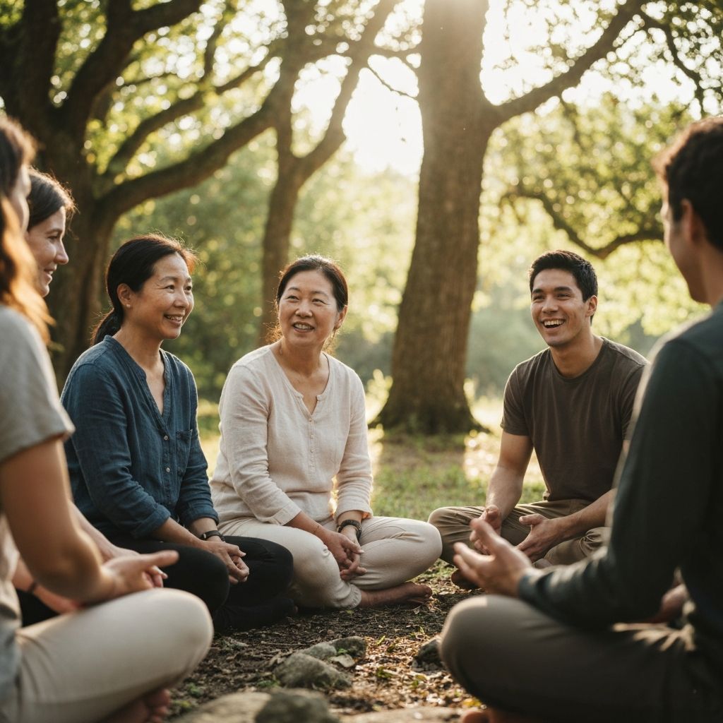 Circle of people gathered in nature for group connection