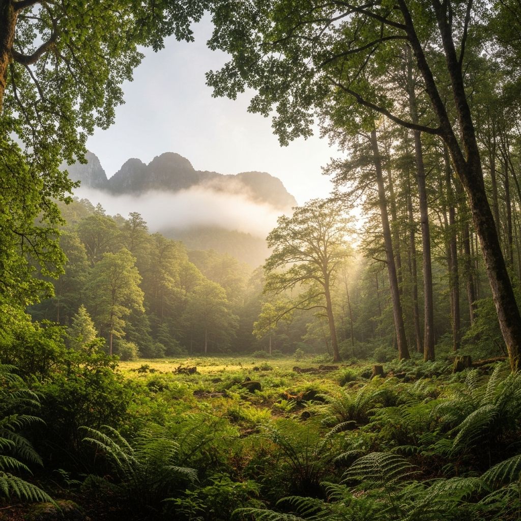 Serene wilderness landscape with mountains and forest